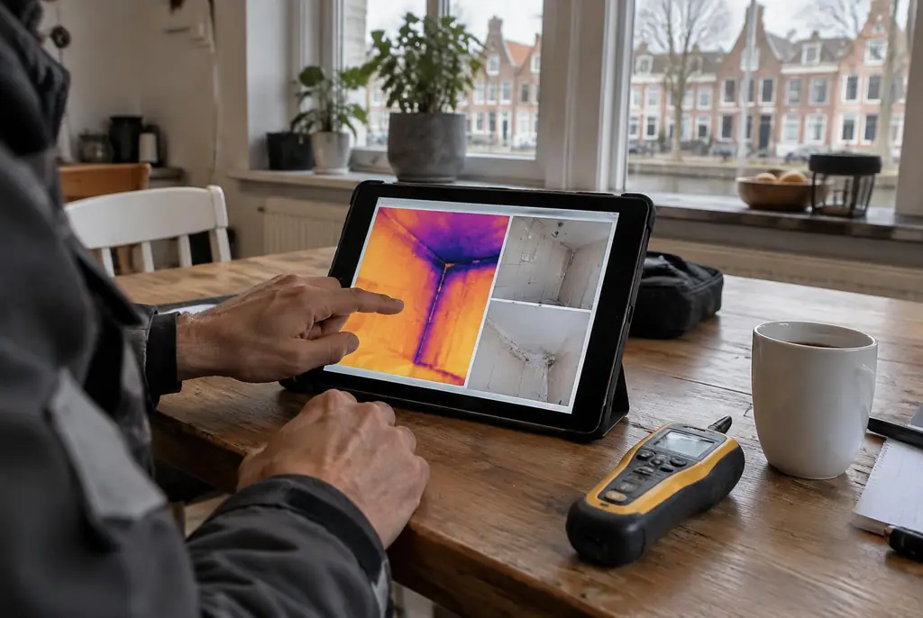 Lekdetectie Garderen – lekdetectierapport met warmtebeelden en foto's op een tablet