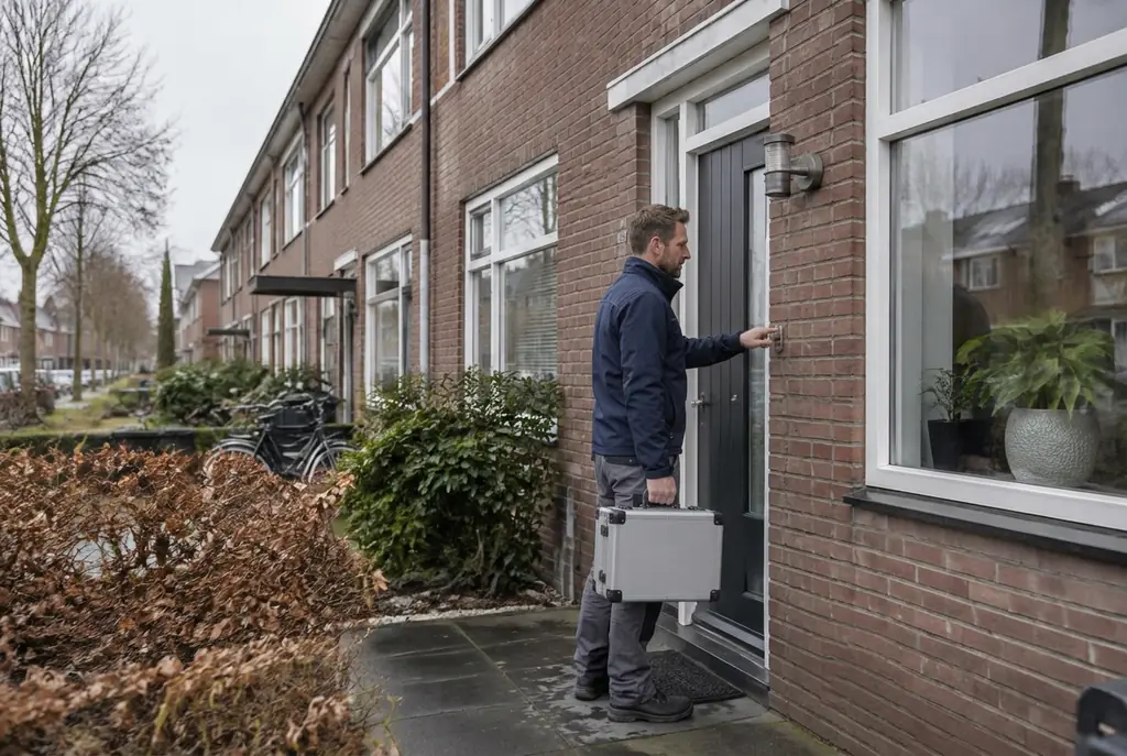 Lekdetectiespecialist met meetkoffer bij de voordeur van een woning in Garderen